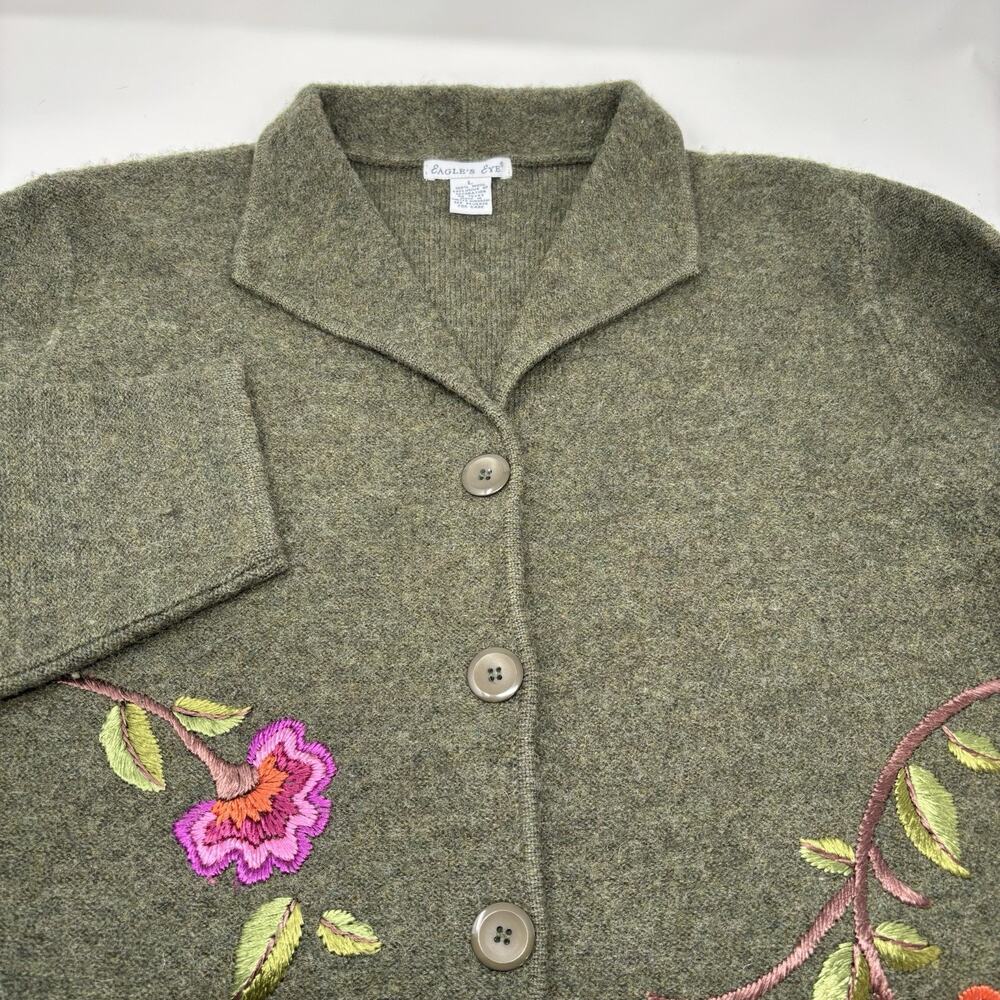 Vintage The Eagle’s Eye Women’s Large Green Wool Floral‎ Embroidered Cardigan